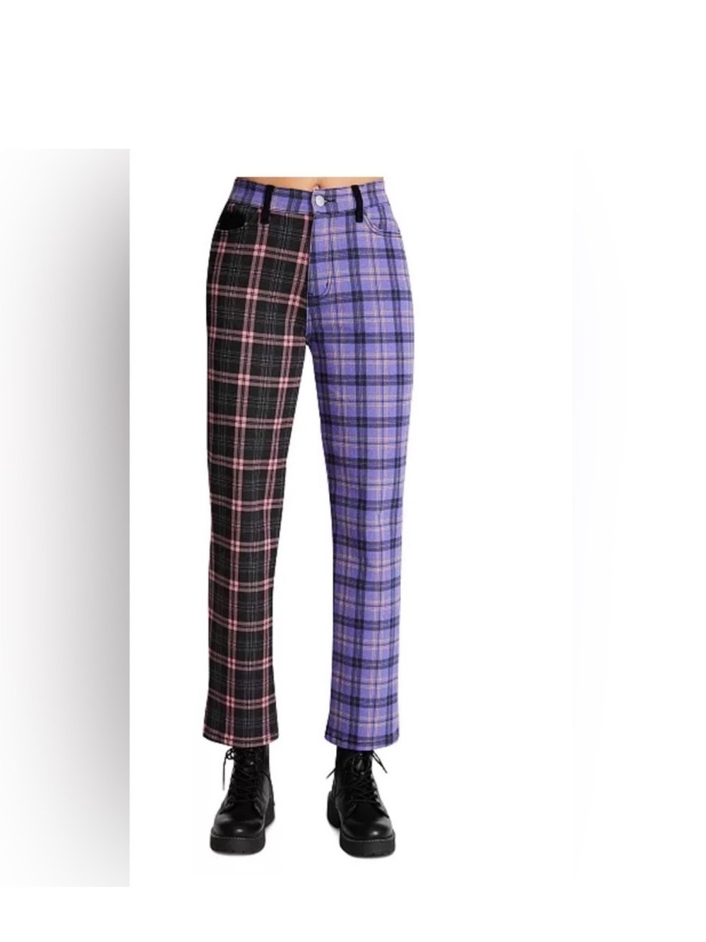 Madden Girl Two-Tone Plaid Straight Leg Pants in Purple and Black